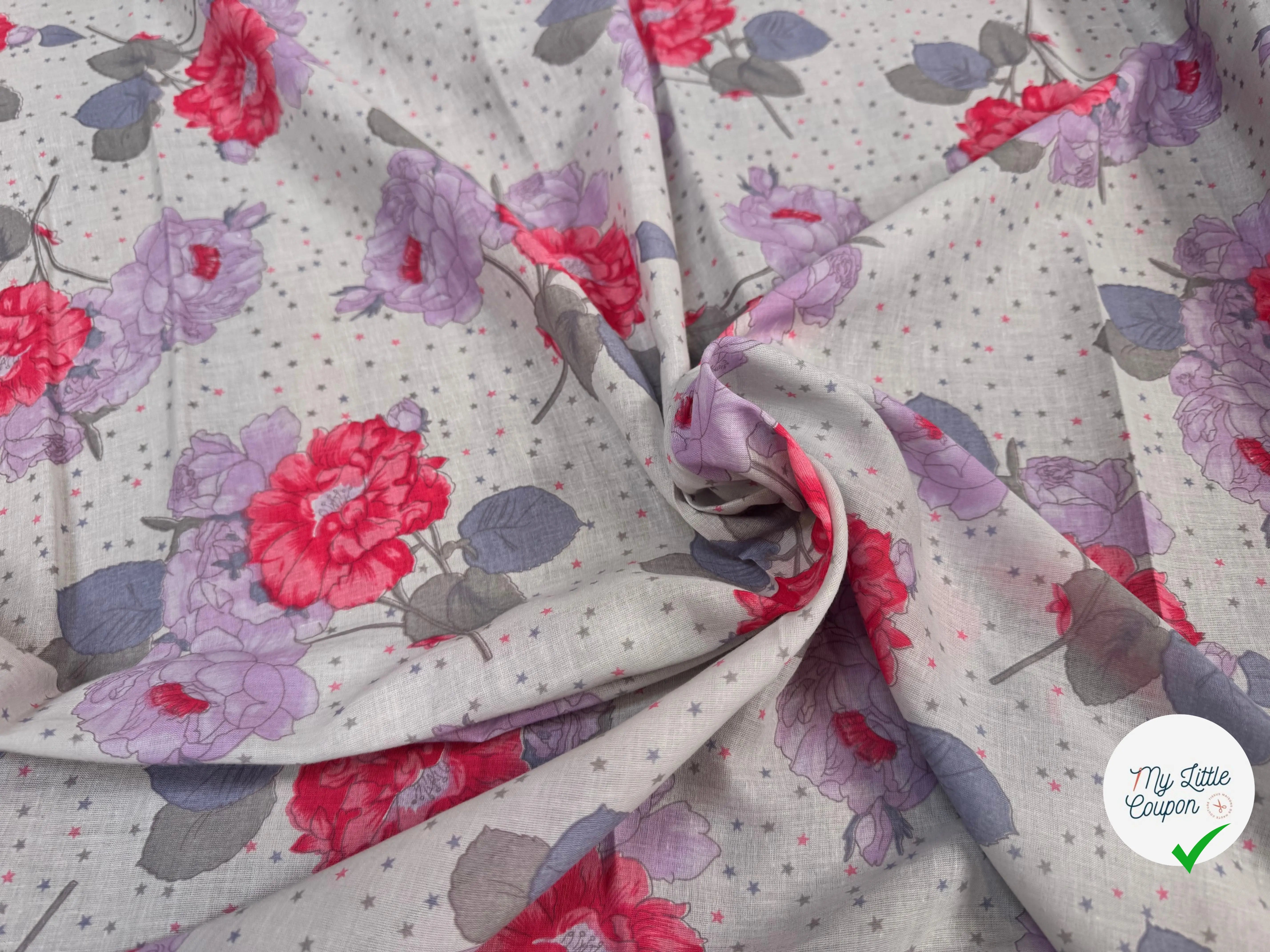 VOILE DE COTON FLEURS GREY PINK - My Little Coupon