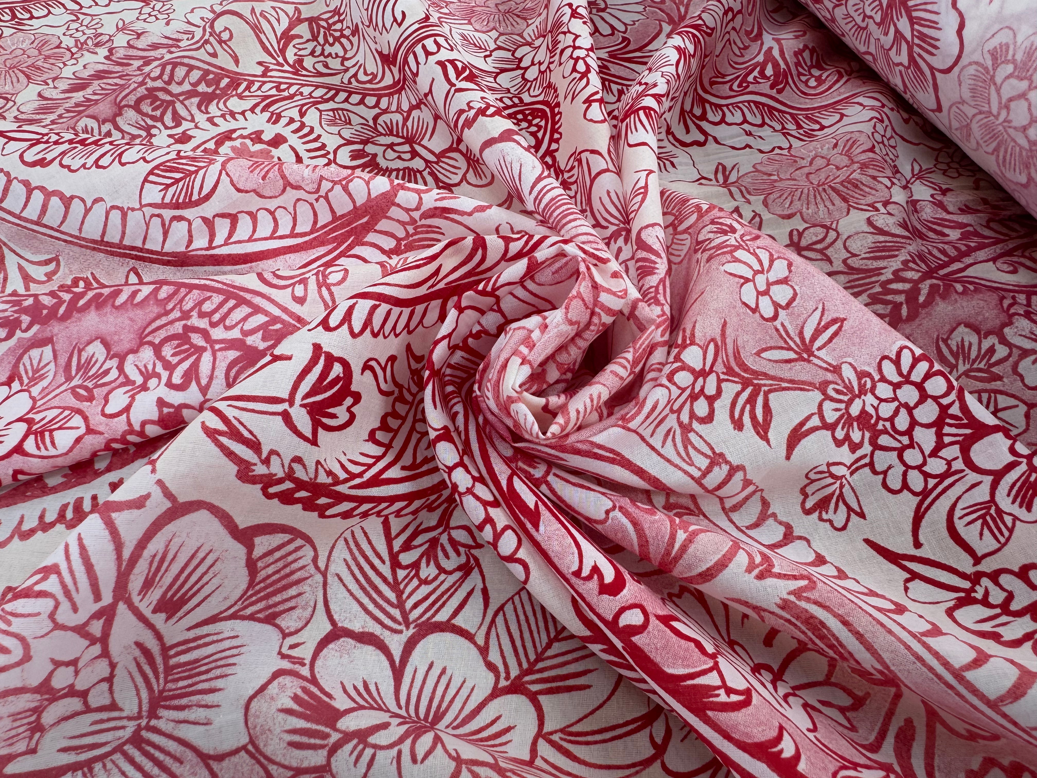 VOILE DE COTON FOND CREME FLEURS ROUGE ET ROSE - My Little Coupon