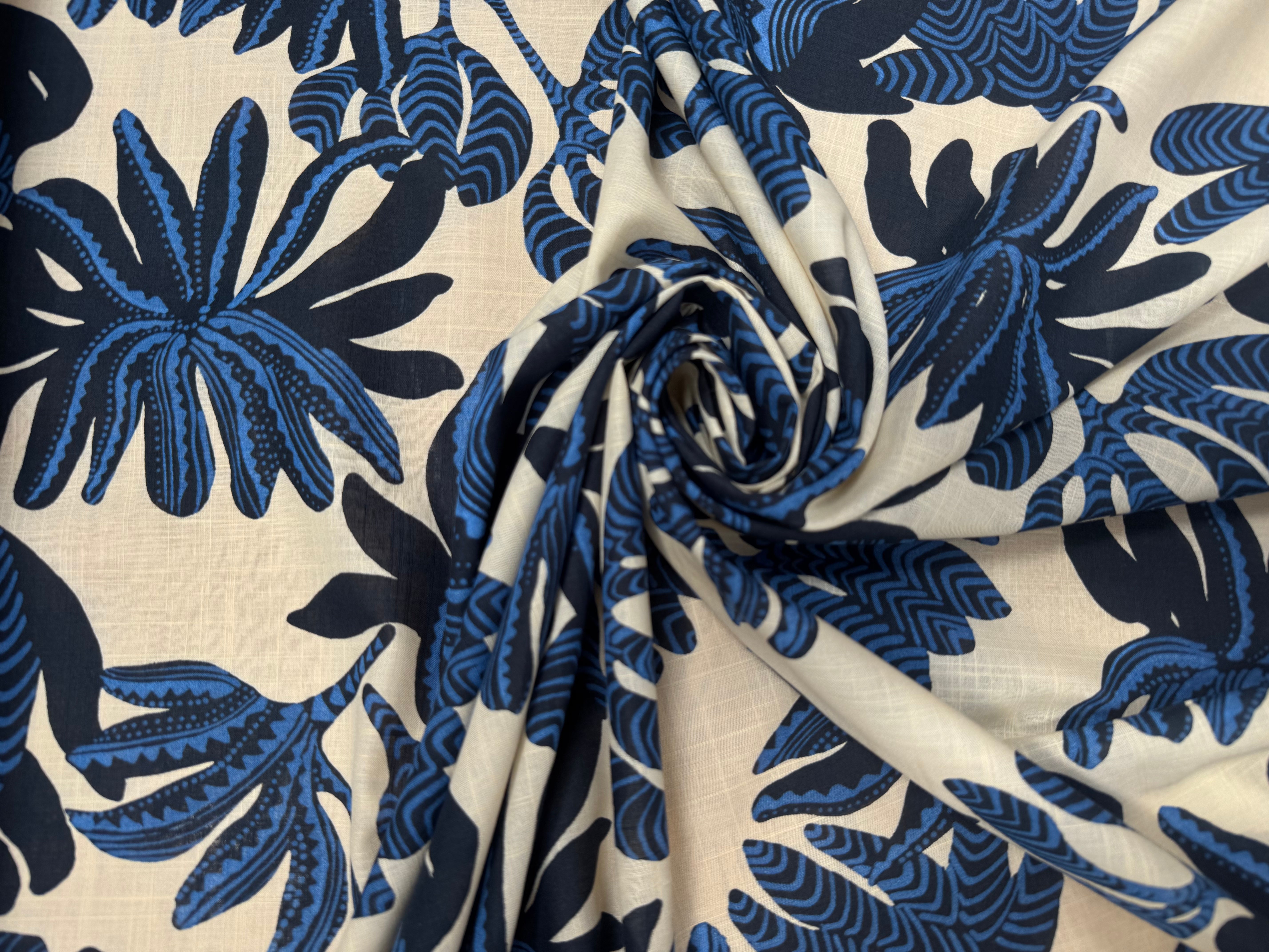 VOILE DE COTON FOND CREME MOTIFS FLEUR BLEU - My Little Coupon