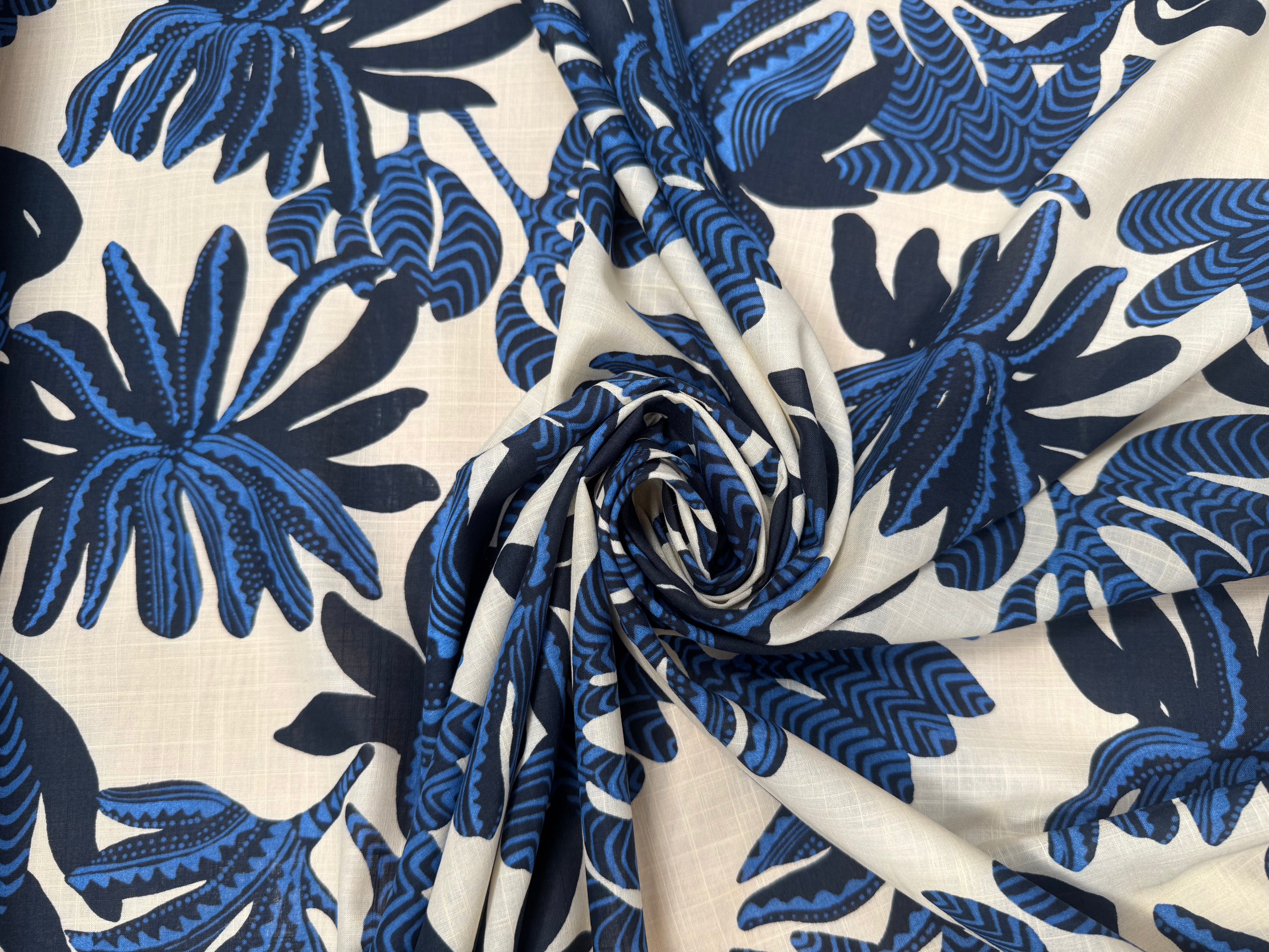 VOILE DE COTON FOND CREME MOTIFS FLEUR BLEU - My Little Coupon