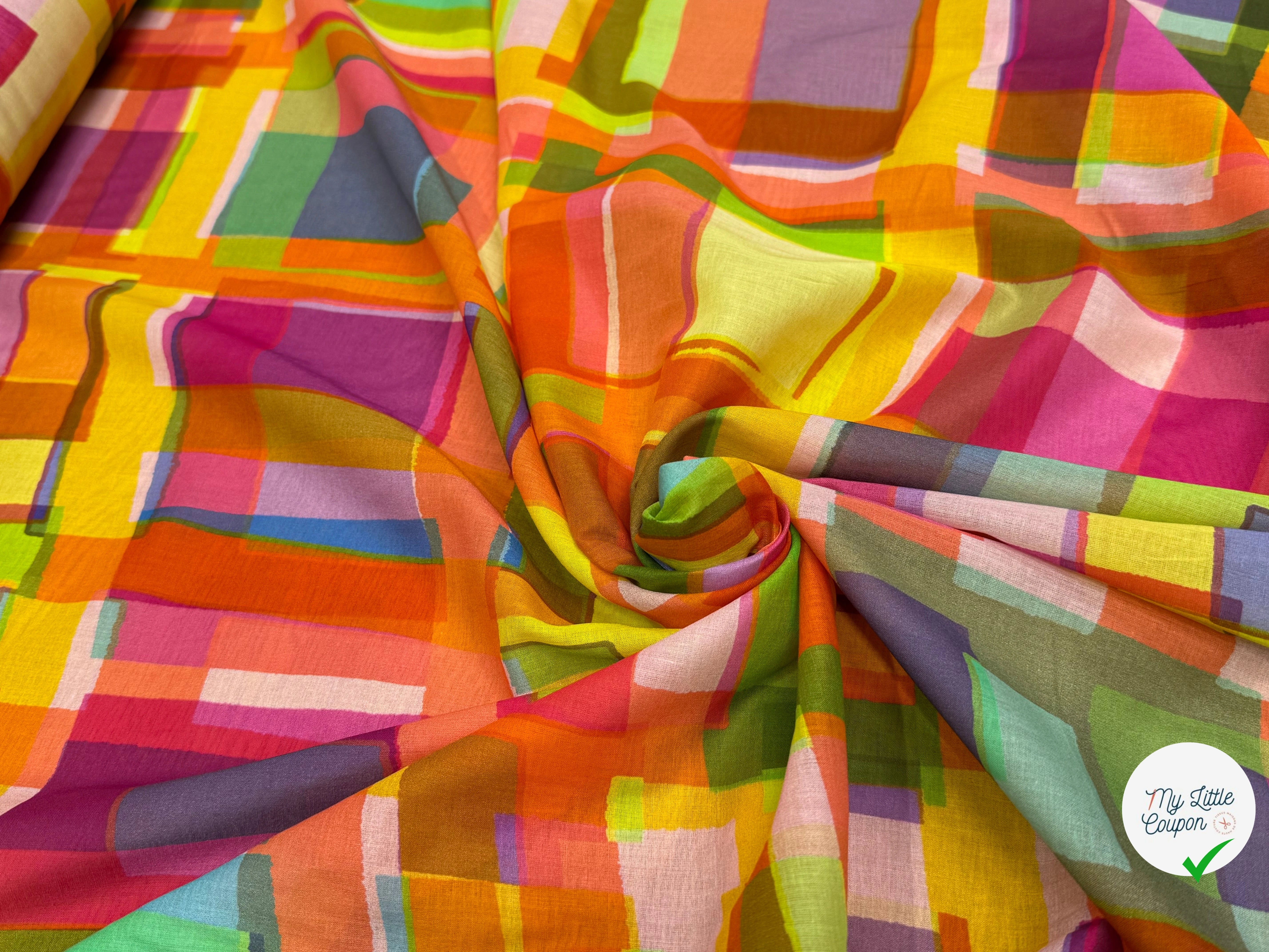 VOILE DE COTON LEGER PLEXI IMPRIMÉ CARREAUX MULTICOLORE - My Little Coupon