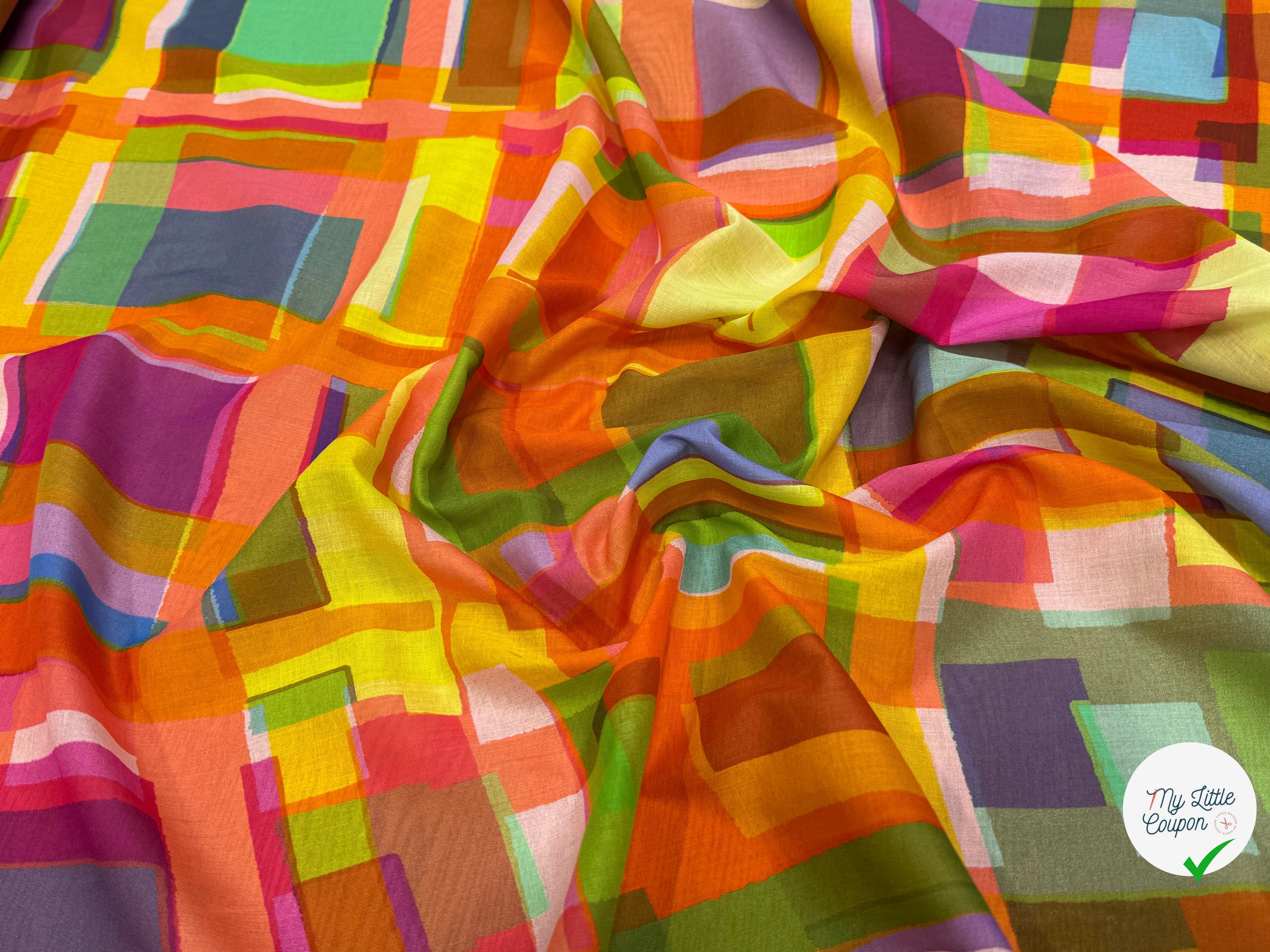 VOILE DE COTON LEGER PLEXI IMPRIMÉ CARREAUX MULTICOLORE - My Little Coupon