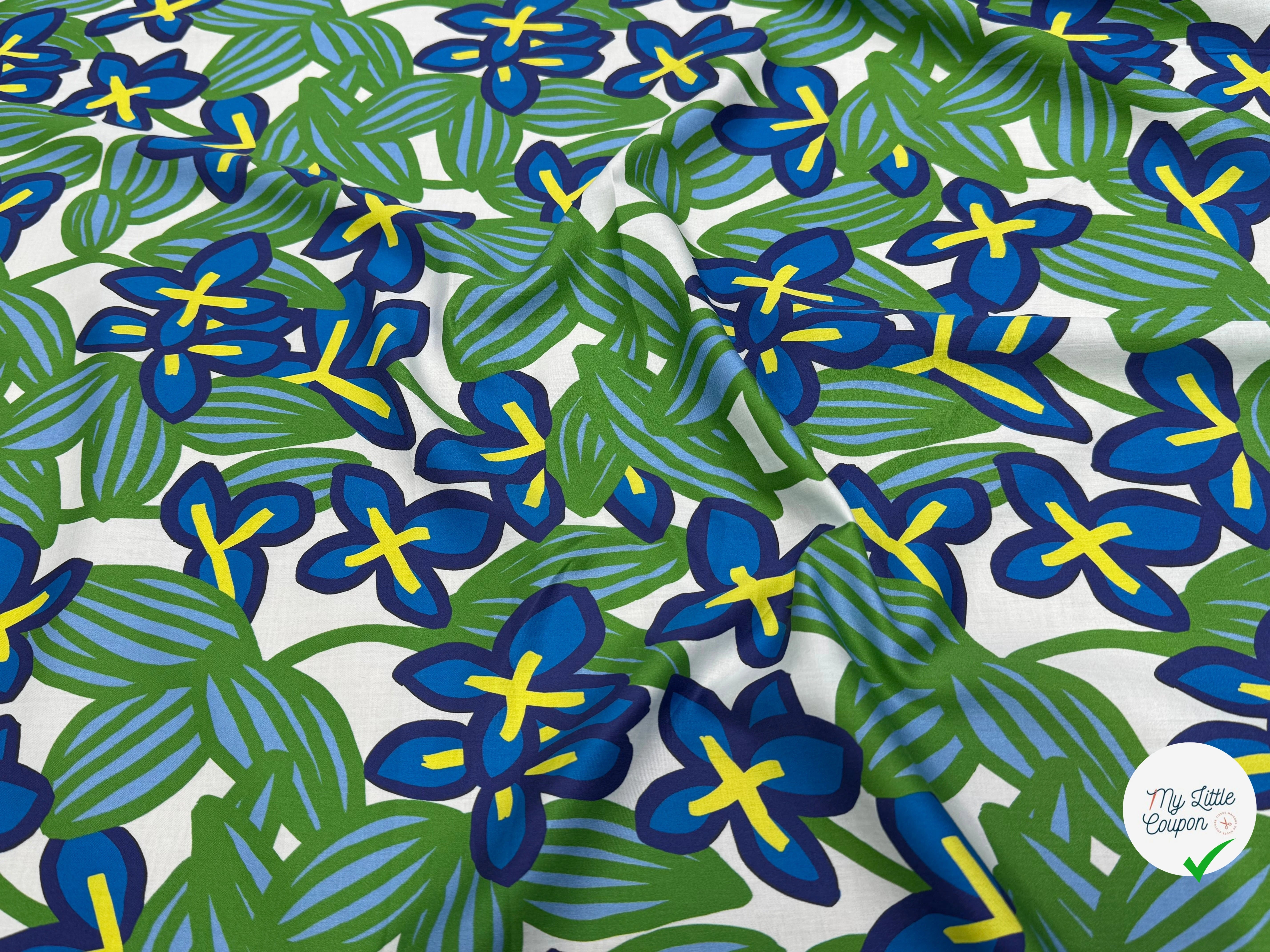 VOILE DE COTON NINFEA BOSQUET IMPRIMÉ FLORAL VERT/BLEU - My Little Coupon