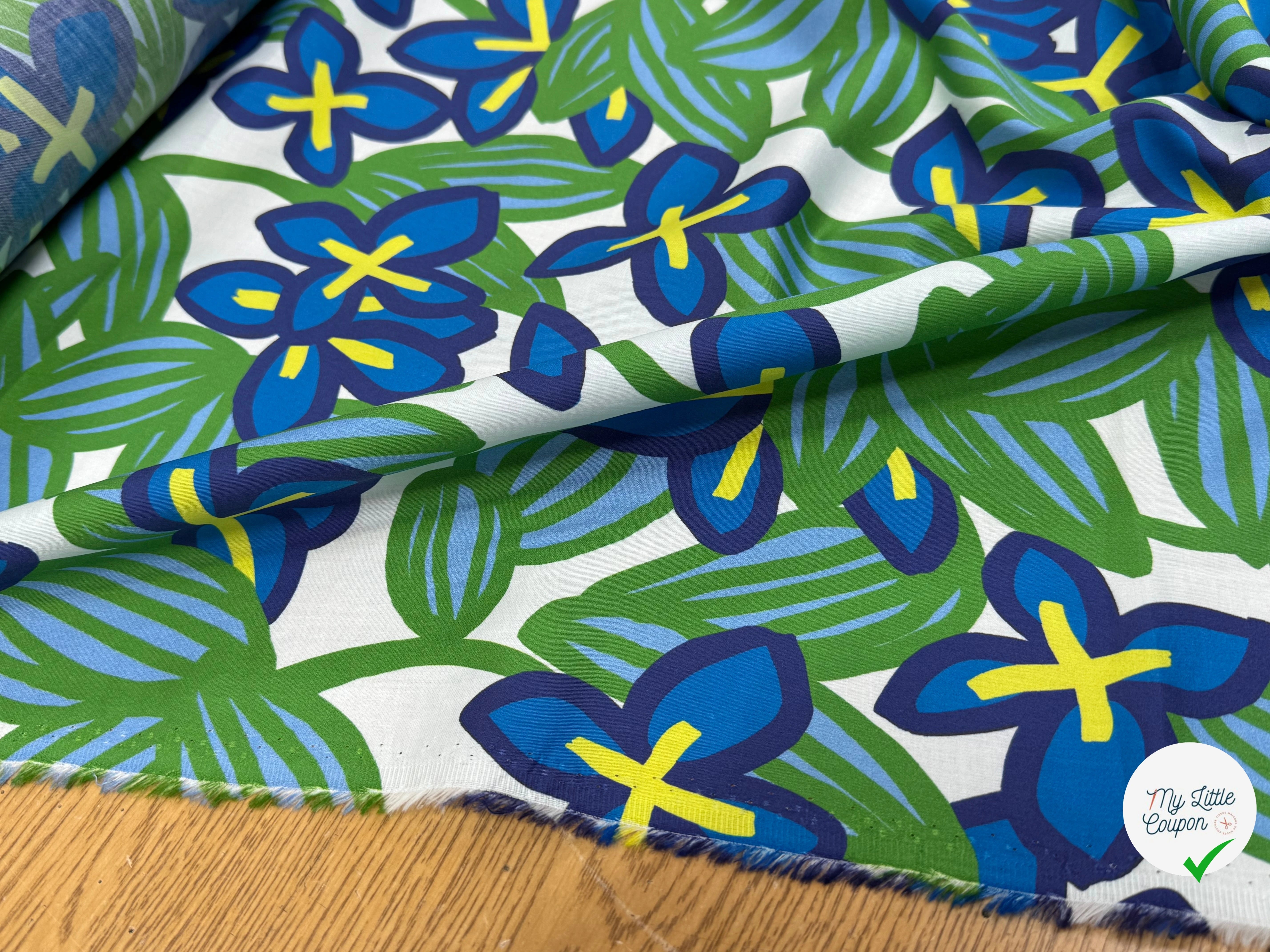 VOILE DE COTON NINFEA BOSQUET IMPRIMÉ FLORAL VERT/BLEU - My Little Coupon
