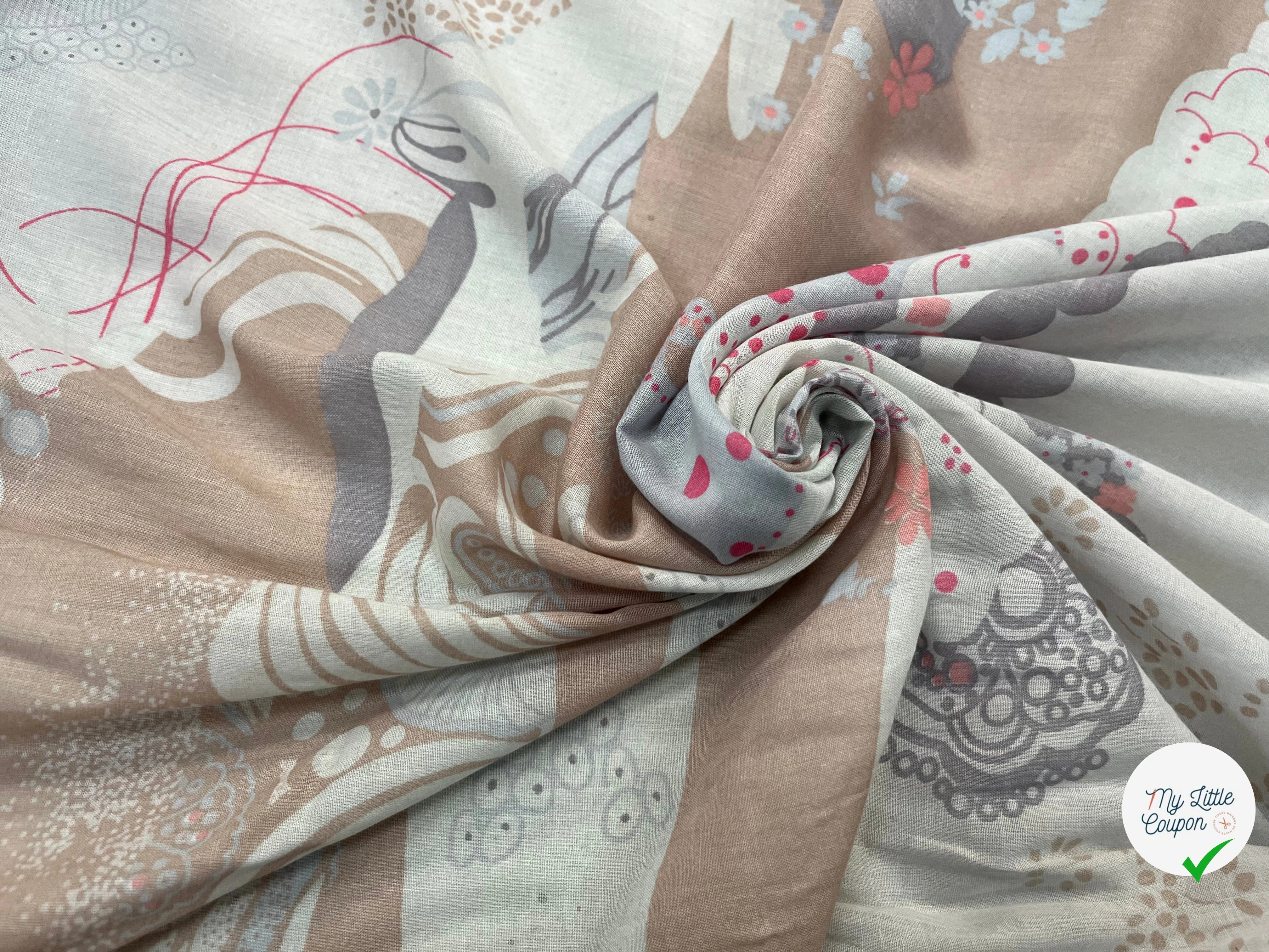 VOILE DE COTON ROSACE FLORALE MULTICOLORE FOND GRIS - My Little Coupon
