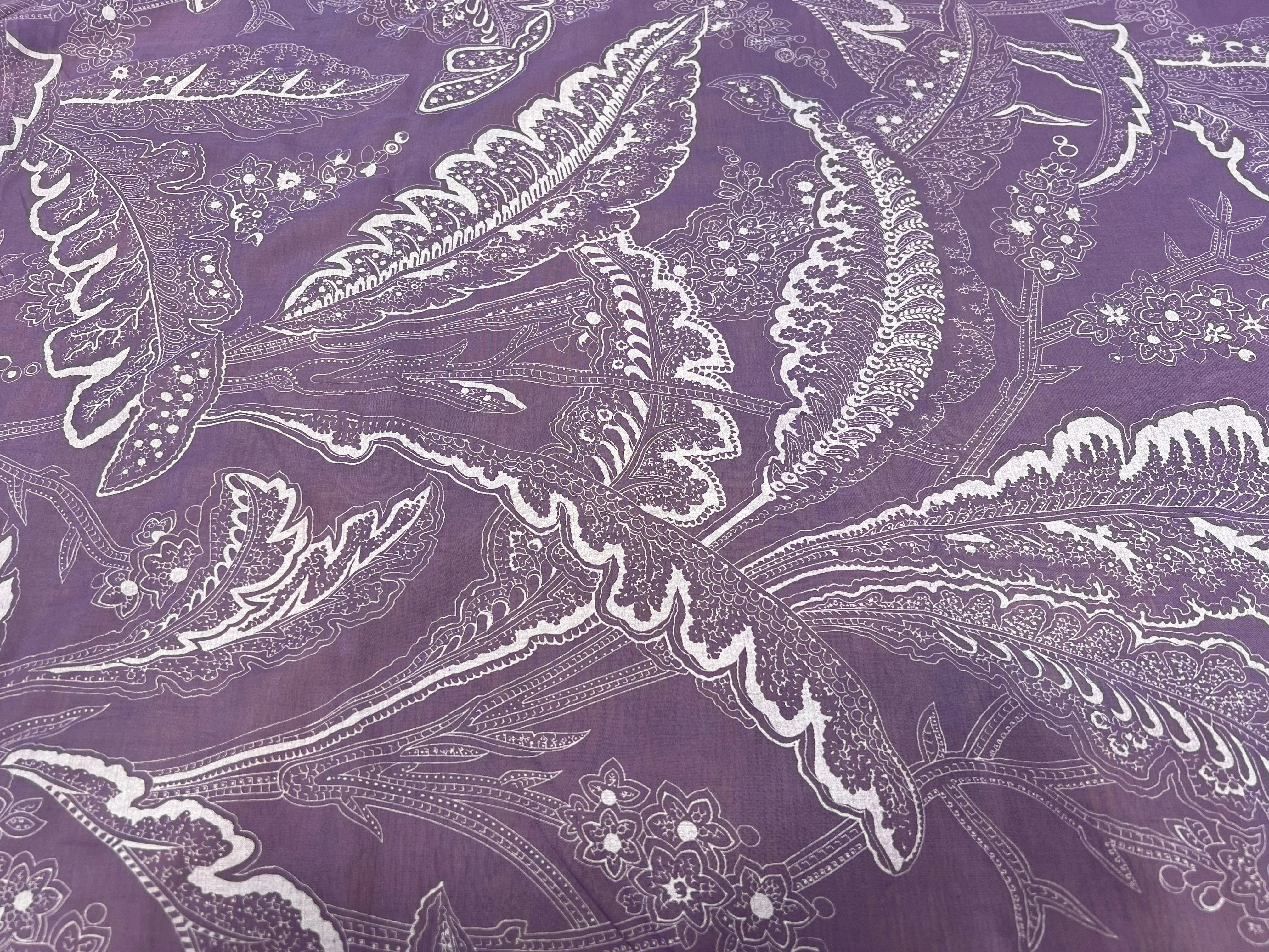 VOILE DE COTON VIOLET MOTIF FEUILLE BLANCHE - My Little Coupon