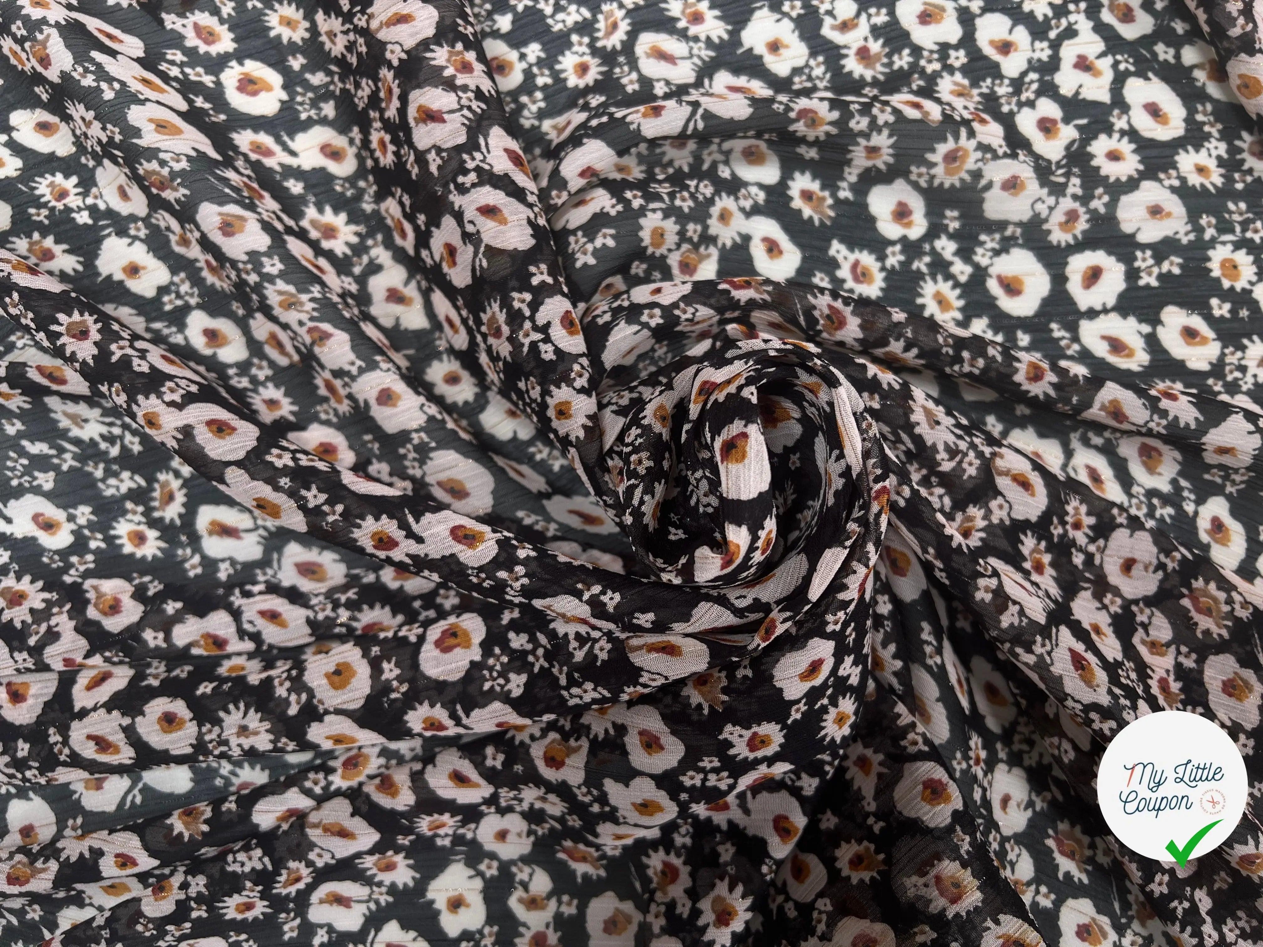 VOILE LUREX TESSUTO 100%PL FOND NOIR PETITES FLEURS BLANC - My Little Coupon