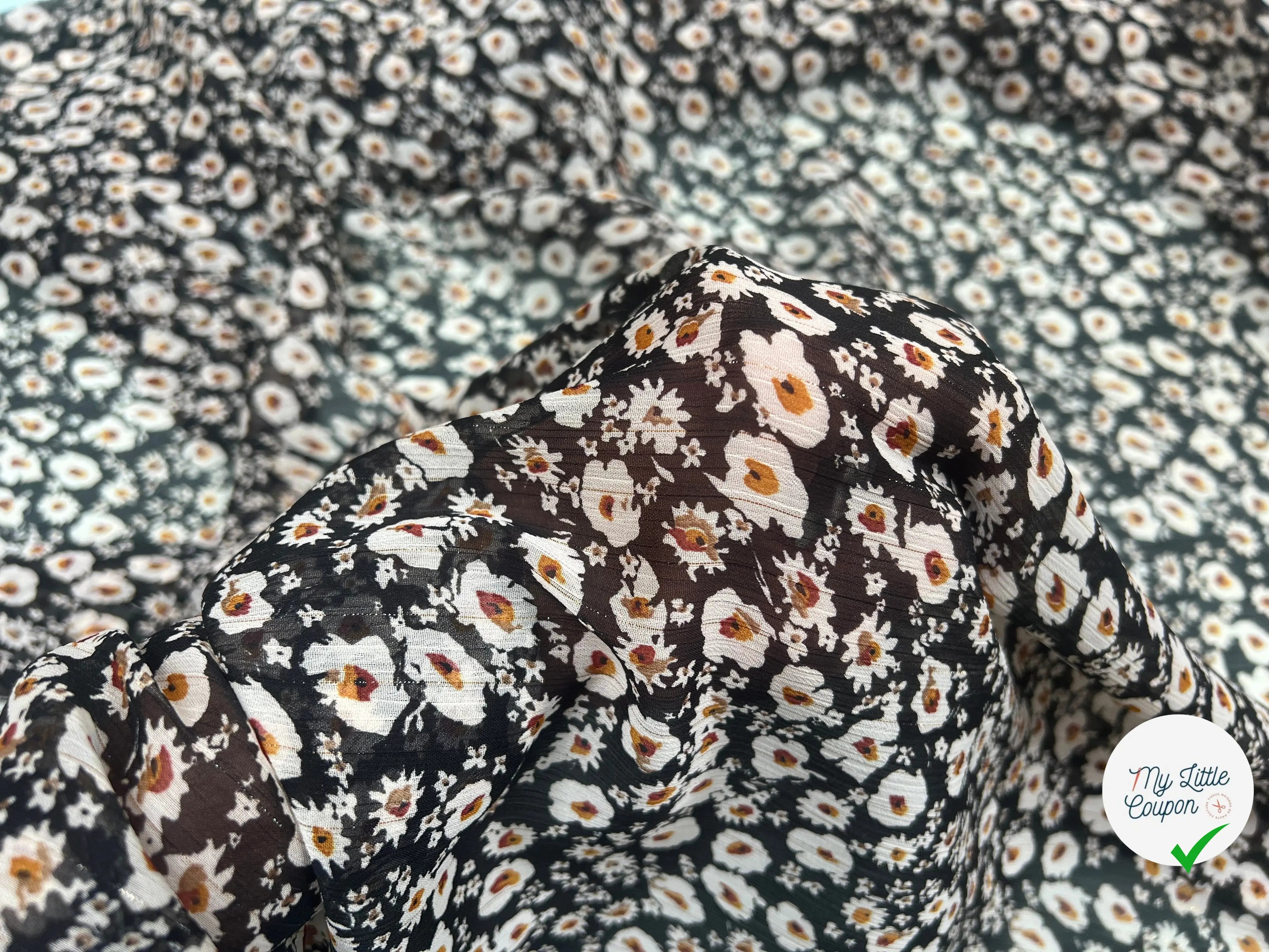 VOILE LUREX TESSUTO 100%PL FOND NOIR PETITES FLEURS BLANC - My Little Coupon