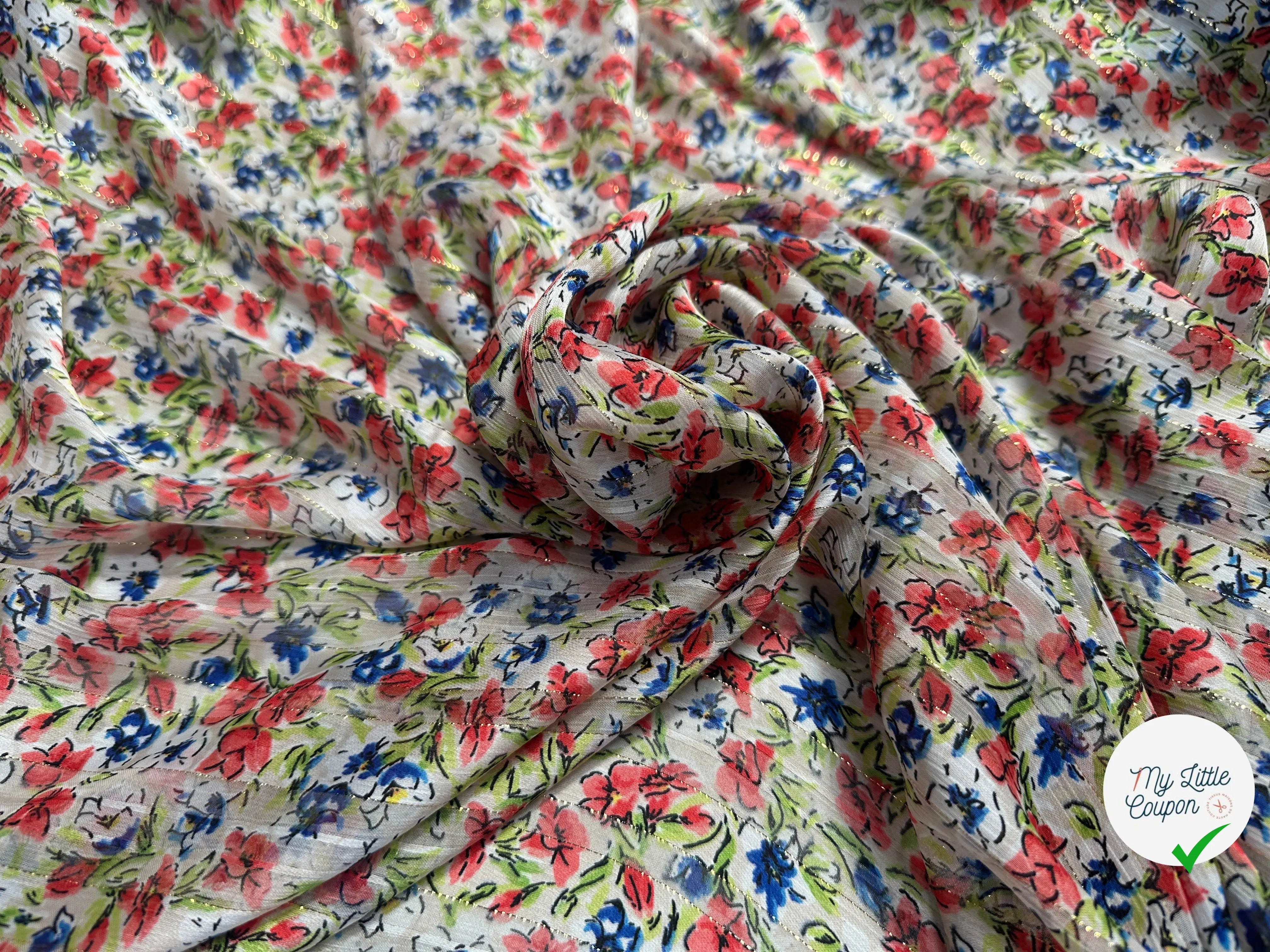 YORYU SATIN STRIPE IMPRIMÉ FLEURS FOND BLANC FINES RAYURES LUREX DORÉ MLC INTERN