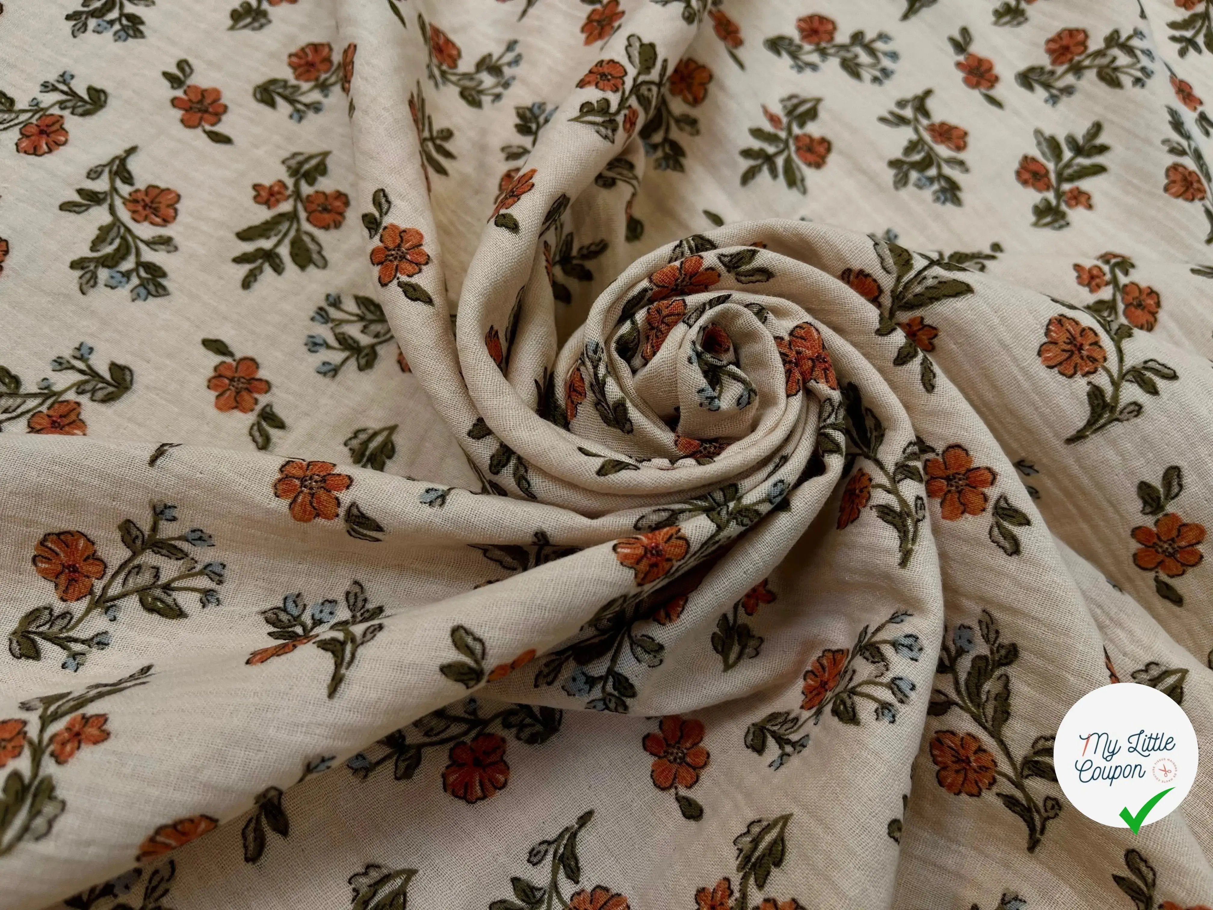 DOUBLE GAZE COTON GAUFRÉE LINA LATTE ET VERT - My Little Coupon