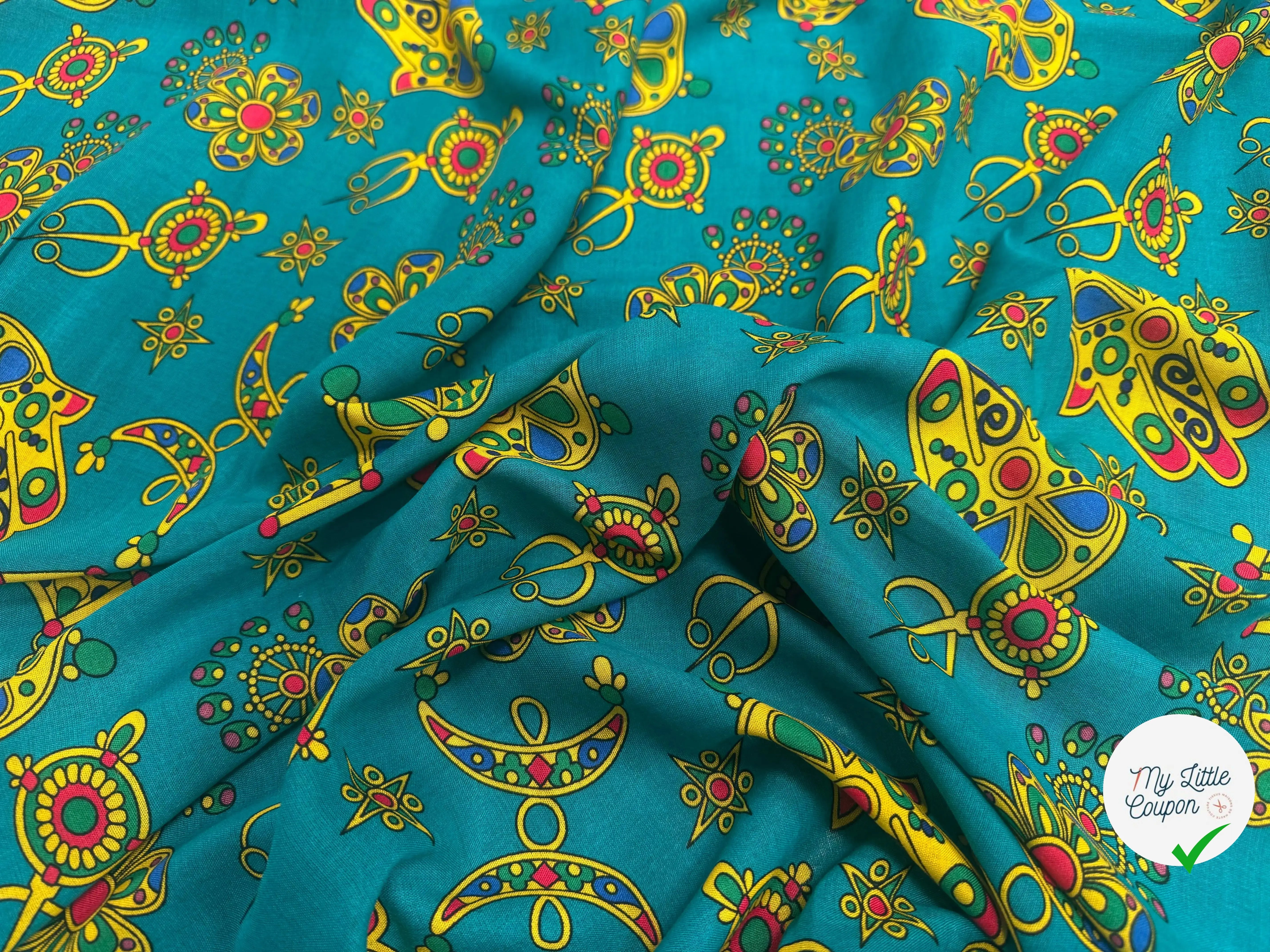 VISCOSE ARLEQUIN AVEC MOTIFS MAINS FOND EMEURAUDE - My Little Coupon